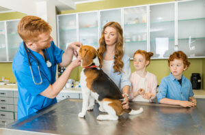 family at vet after adopting a dog